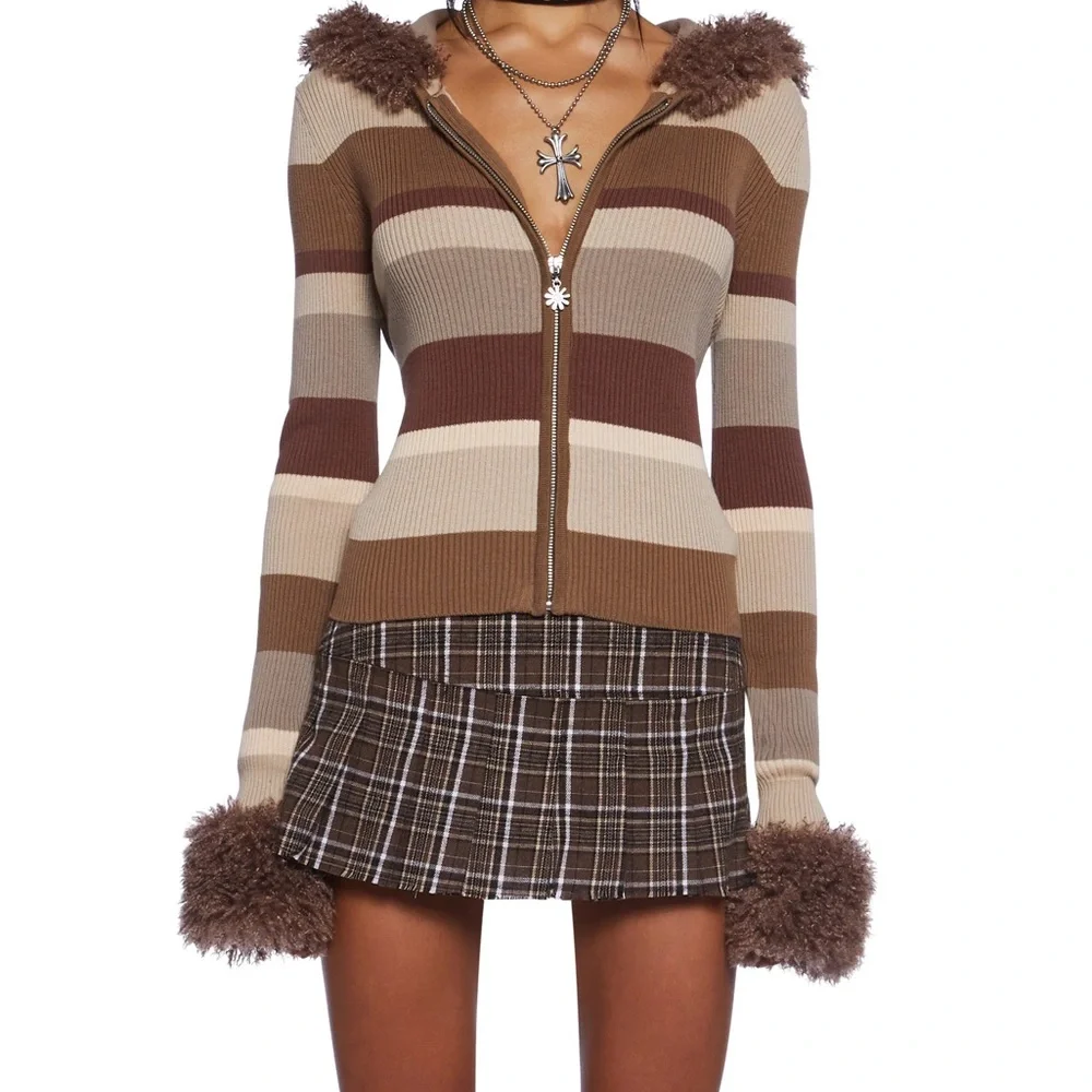 Ribbed Striped Brown Women's Jacket with Sherpa Fur Trim sz medium - Picture 1 of 4